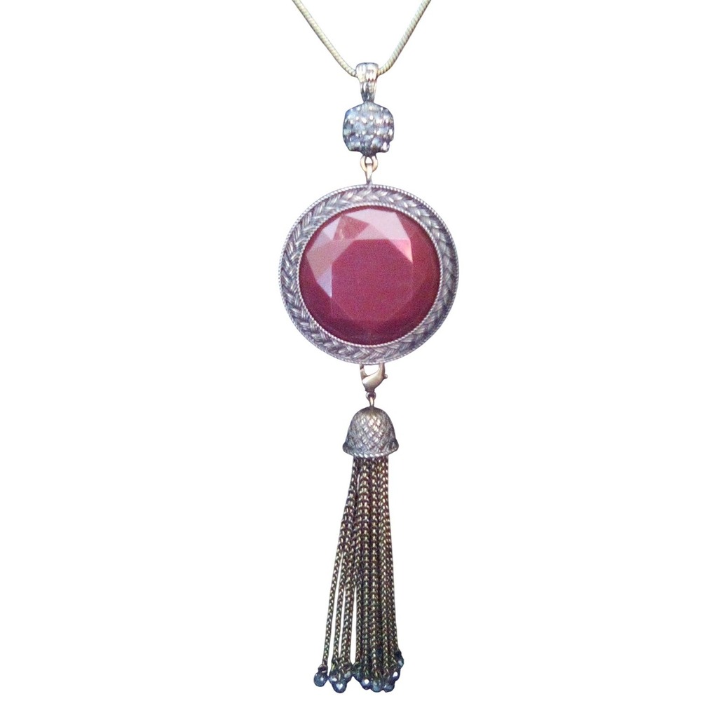 C&C Reversible Red Grey Faceted Stone Long Tassel Snake Chain Necklace Boho 30in - Picture 2 of 8